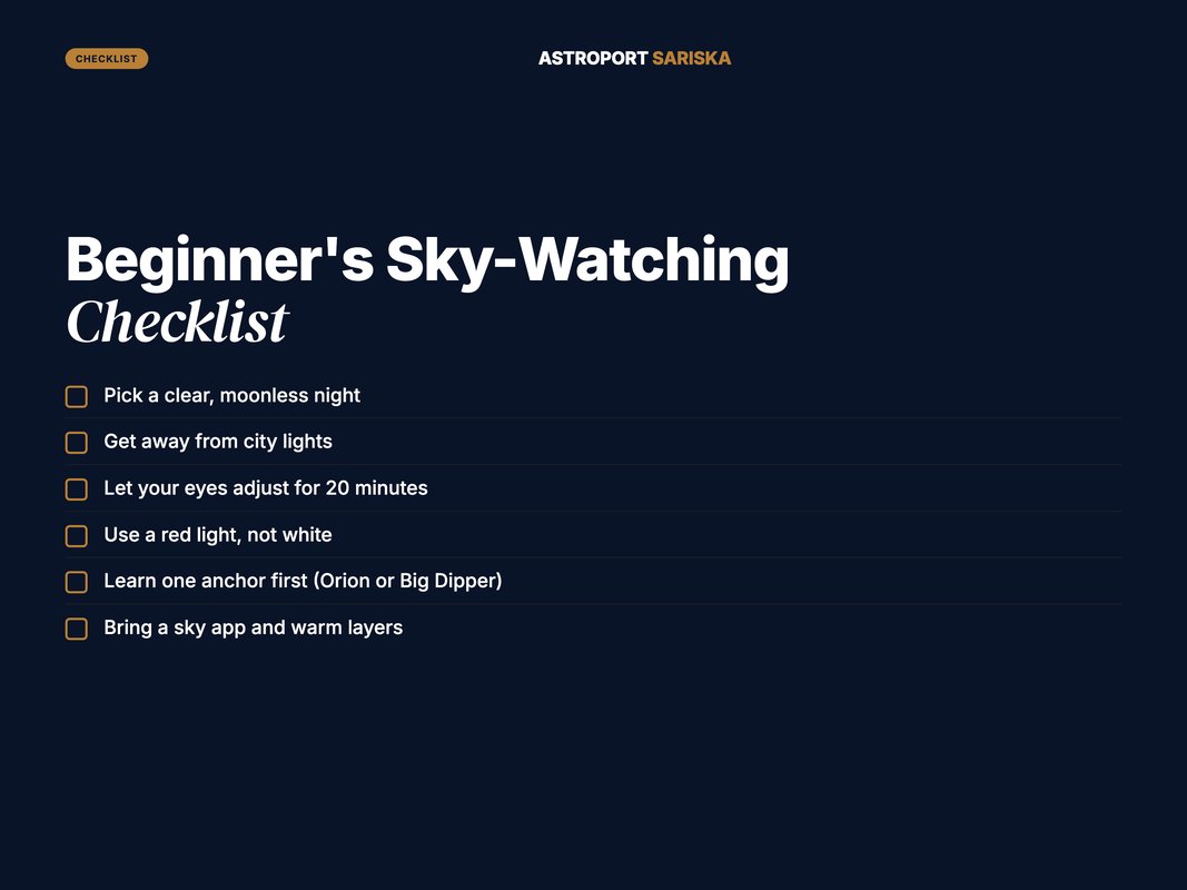 Checklist graphic listing six items a beginner stargazer should prepare