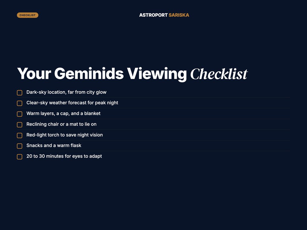 Geminids viewing checklist with items to pack for a dark-sky night