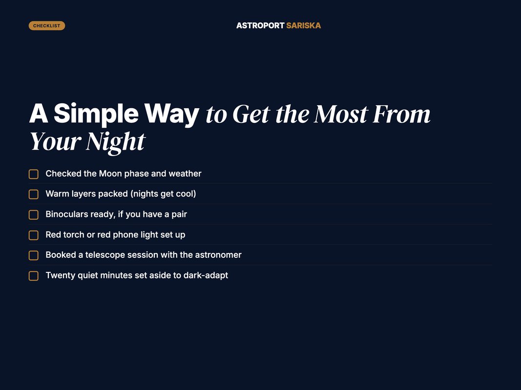 Numbered checklist of steps for a great stargazing night at Sariska