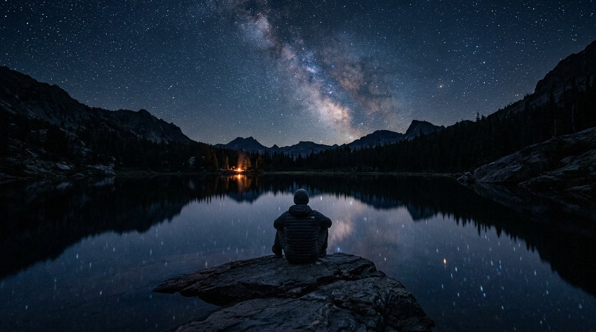 A still figure by a dark pool gazing at a calm starry sky