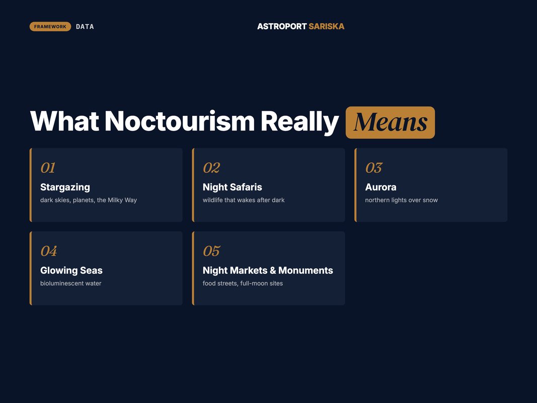 Infographic listing five forms of noctourism with simple icons