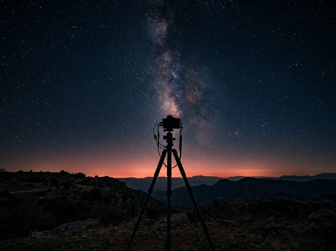 Camera setup pointed at a glowing Himalayan horizon at night