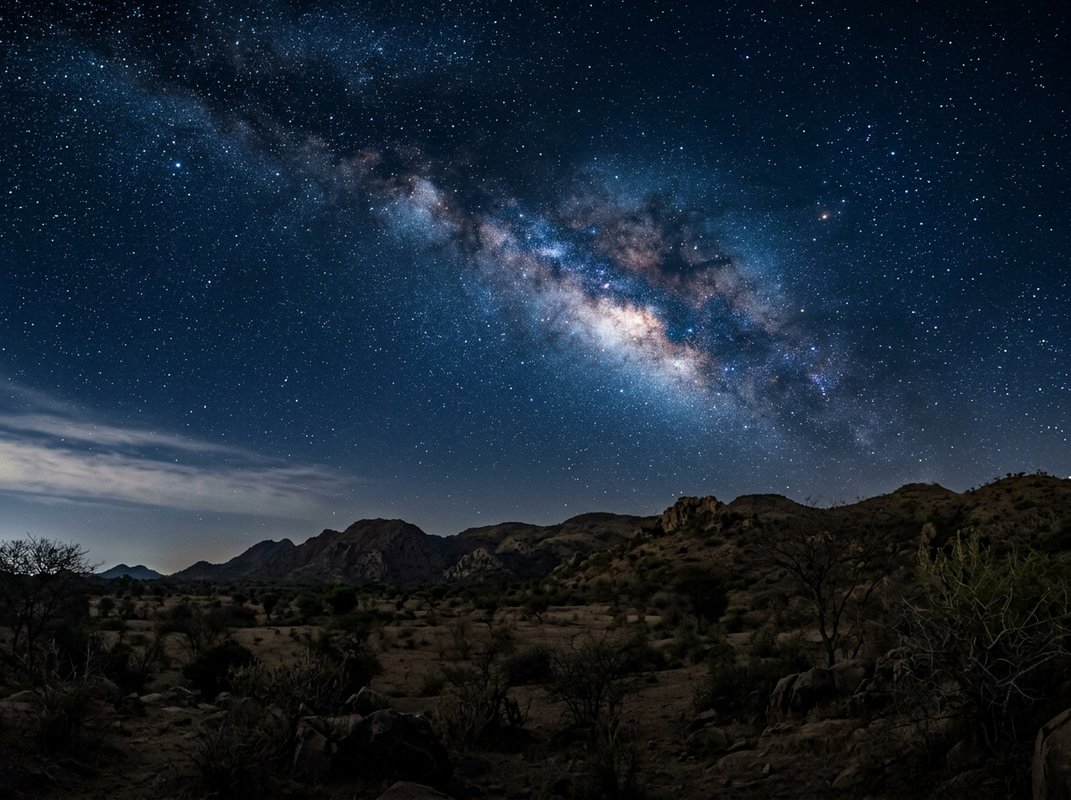 Dark night sky full of stars over the semi-arid Aravalli hills near Sariska