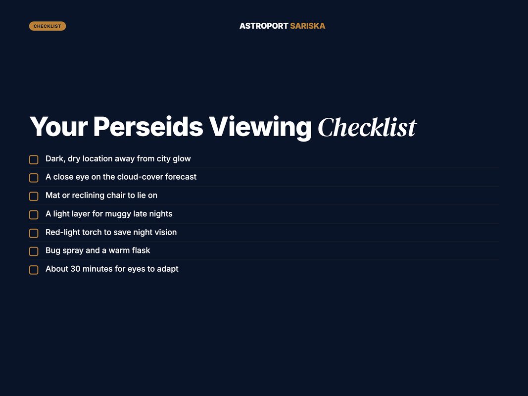 Perseids viewing checklist with items to pack for a dark-sky night