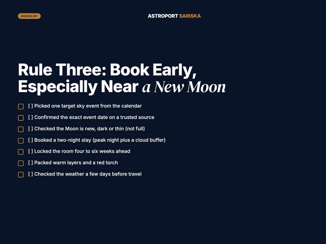 Stargazing trip booking-window checklist for 2026