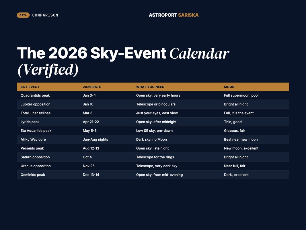 2026 sky-event calendar table with dates and Moon conditions