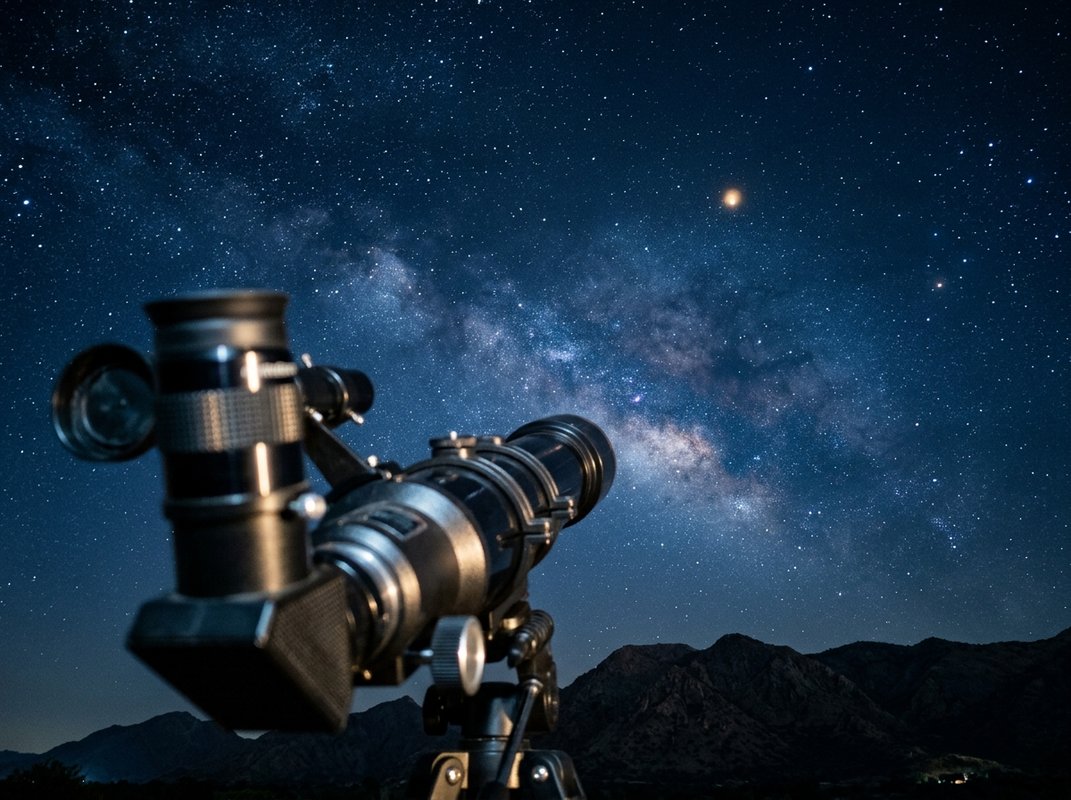 A telescope eyepiece pointed at a star-filled night sky
