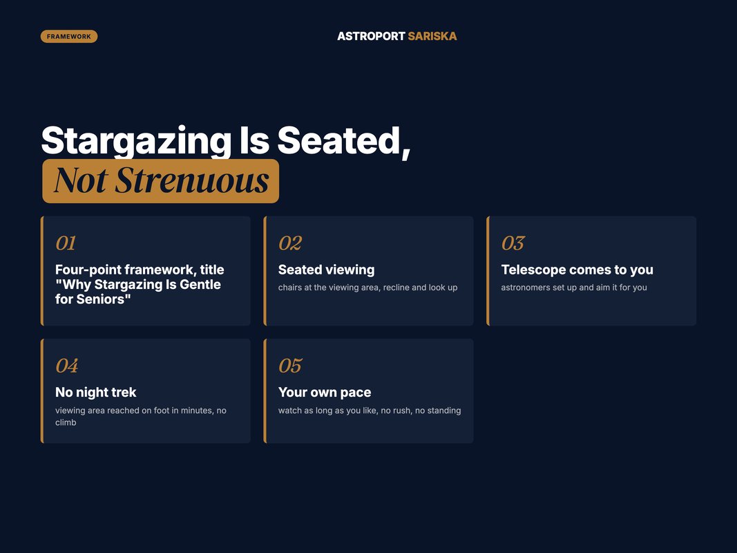 Numbered framework showing why a stargazing night is gentle for seniors