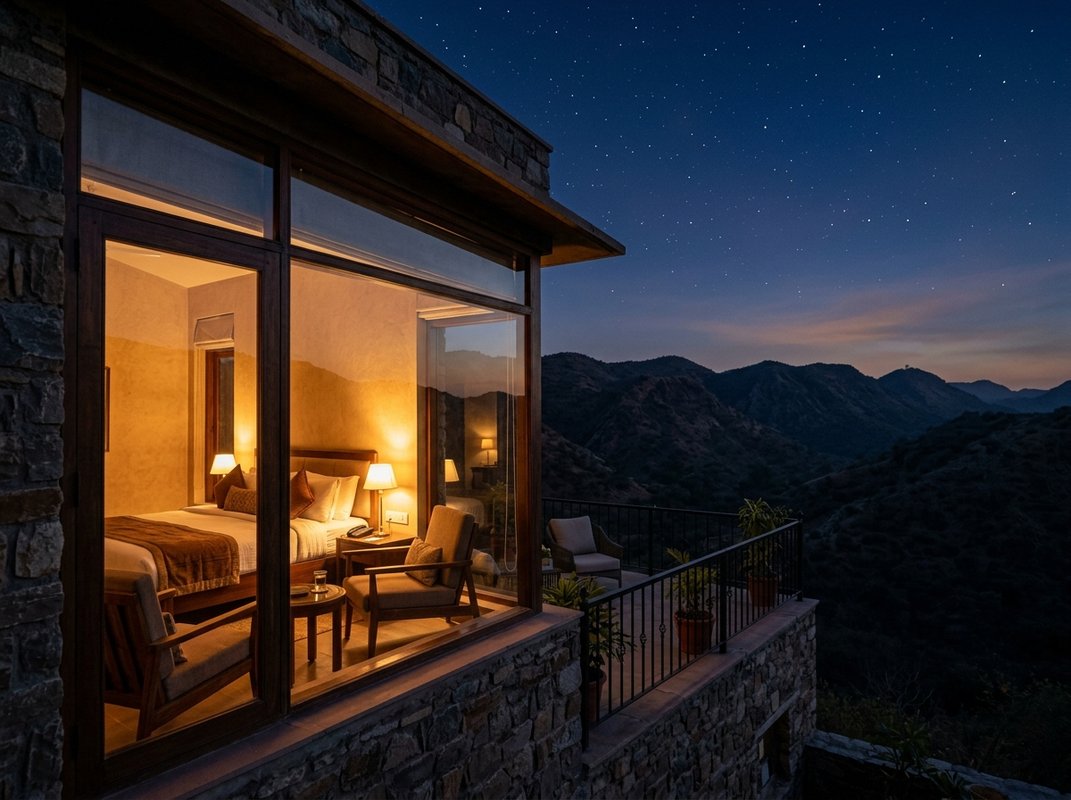 Warm resort room glowing at dusk under an emerging starry Aravalli sky