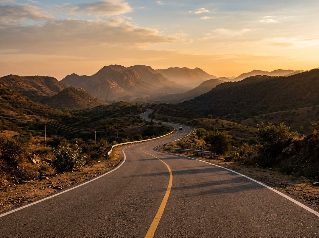 Aravalli highway at golden hour leading toward distant hills