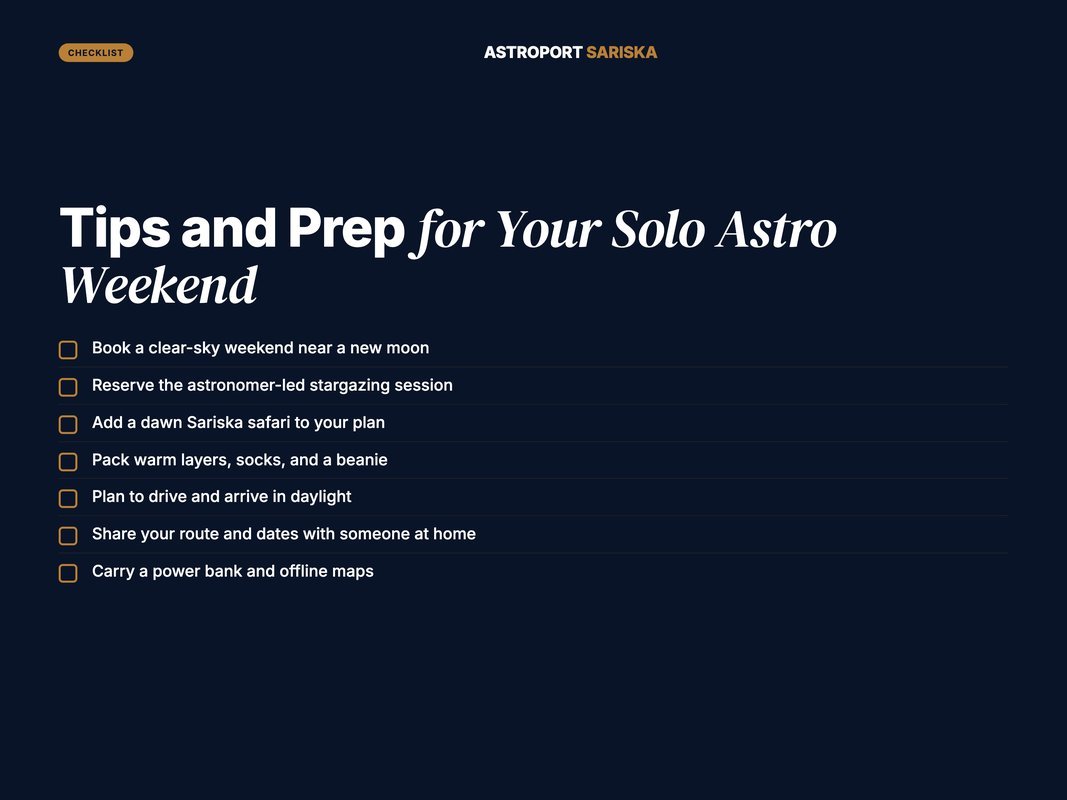 Solo trip prep checklist on a dark navy and gold card