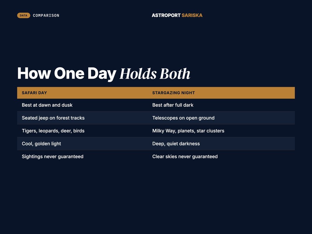Two-column comparison of a safari day versus a stargazing night at Sariska