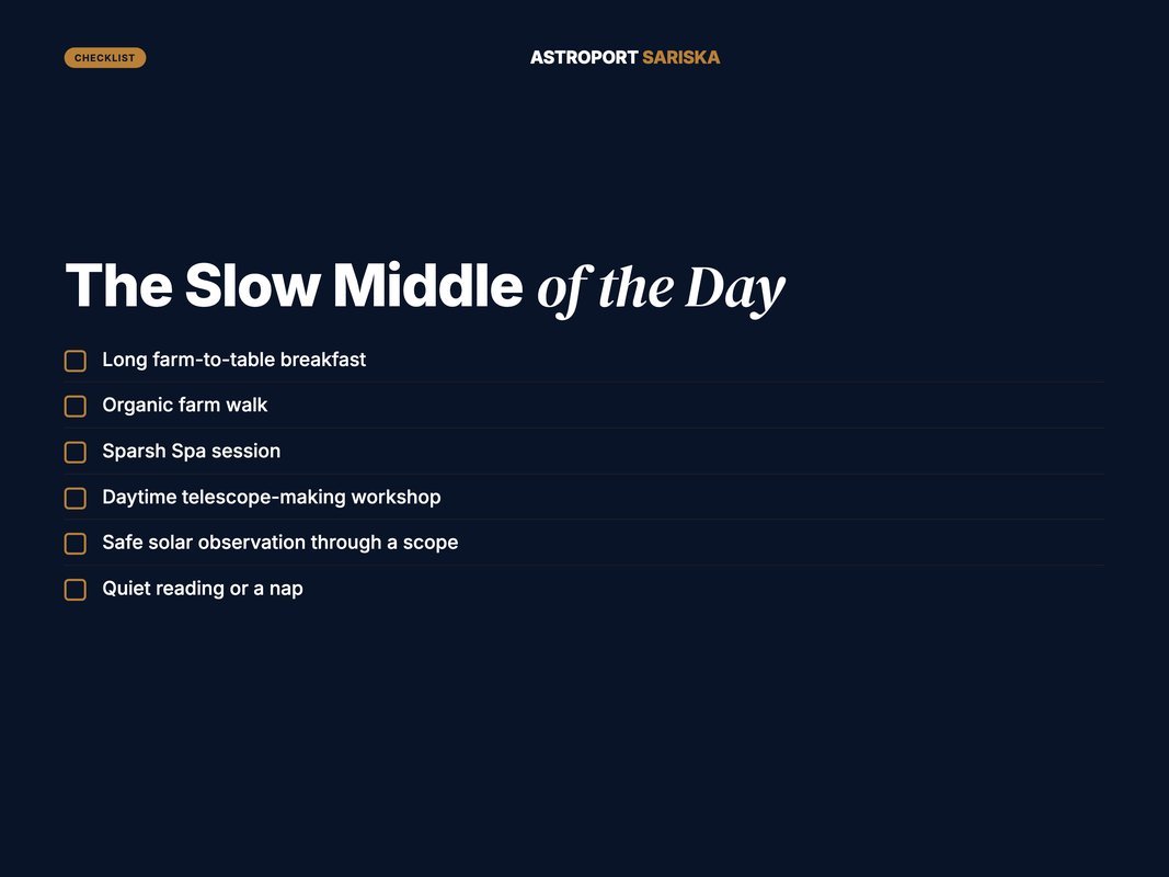 Checklist of restful daytime activities between safari and stargazing