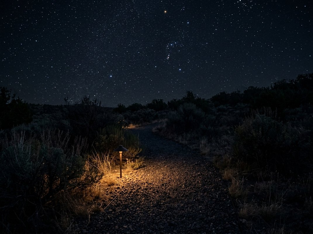 A low downward-pointing path light under a dark star-scattered sky