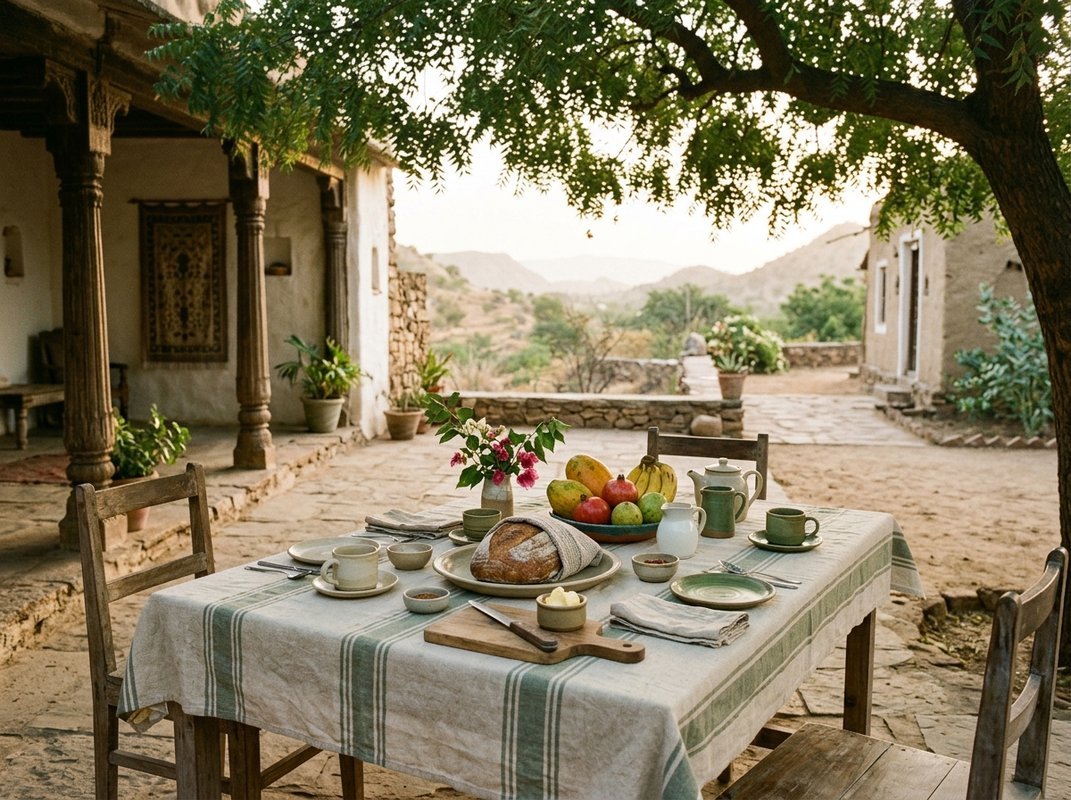 A slow unhurried breakfast table set outdoors in soft morning light