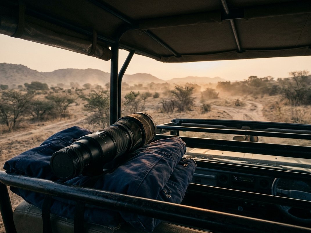 A telephoto lens steadied on a safari vehicle rail at dawn